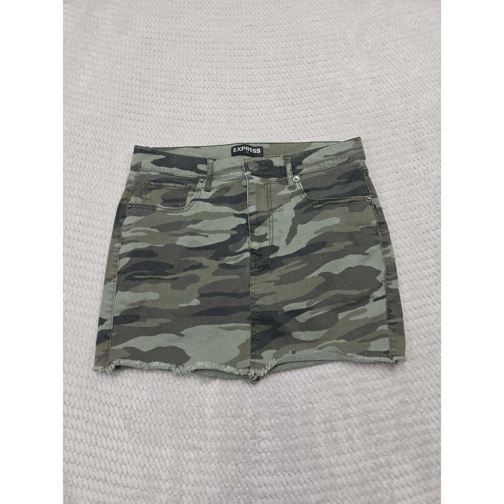 Express Skirt Womens 4 Camouflage Mini Skirt Stretch Denim Raw Hem - Picture 1 of 6